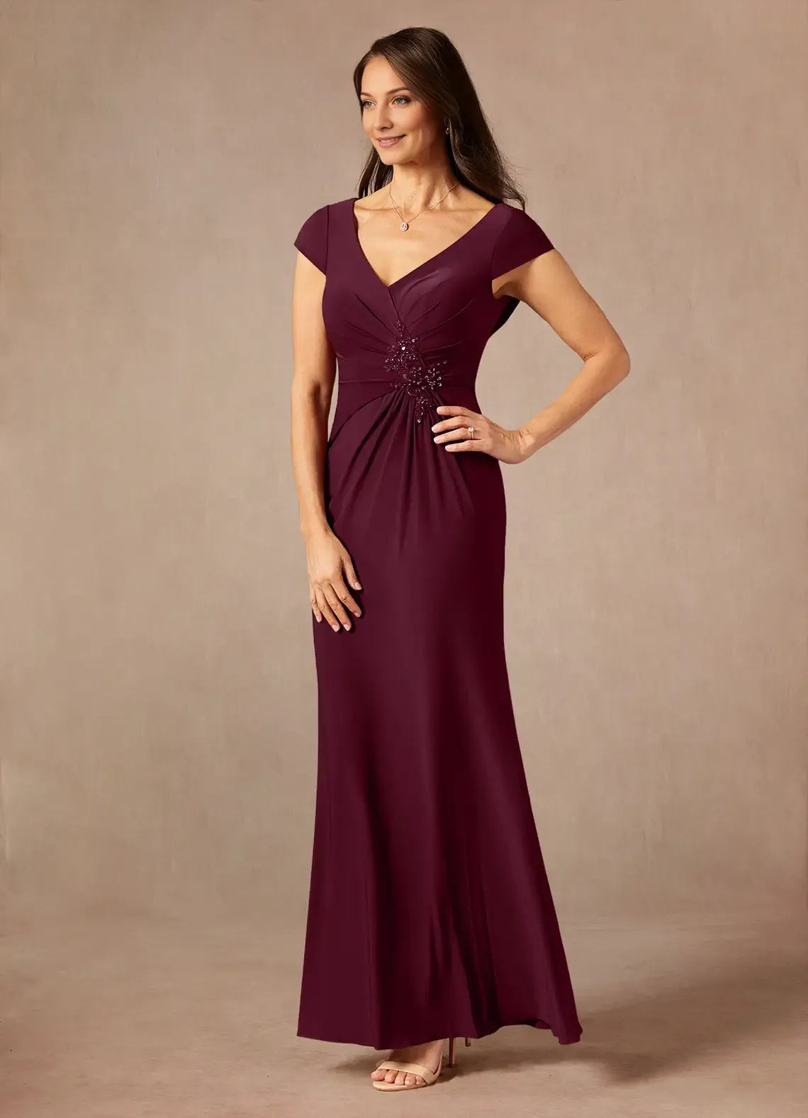Elegant Cabernet Mermaid V-Neck Sequins Lace  Mother of the Bride Dress with line Cap Sleeves Ruched Bodice and Beaded Embellishment ﻿