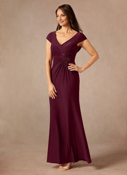 Elegant Cabernet Mermaid V-Neck Sequins Lace  Mother of the Bride Dress with line Cap Sleeves Ruched Bodice and Beaded Embellishment ﻿