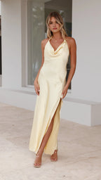 Elegant Champagne Satin Prom Dress with Cowl Neckline Halter Straps Side Slit  for women Formal
