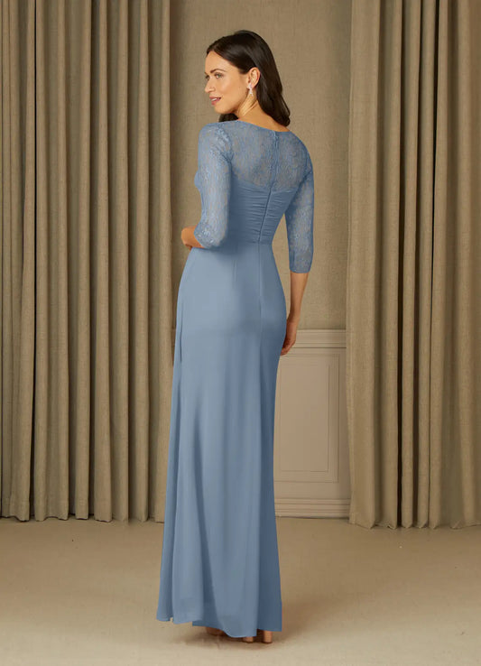 Elegant Dusty Blue A-Line Lace Chiffon Mother of the Bride Dress with 3/4 Sleeves Ruched Bodice and Flowy Skirt for Formal Occasions