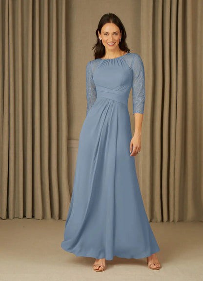 Elegant Dusty Blue A-Line Lace Chiffon Mother of the Bride Dress with 3/4 Sleeves Ruched Bodice and Flowy Skirt for Formal Occasions