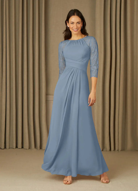 Elegant Dusty Blue A-Line Lace Chiffon Mother of the Bride Dress with 3/4 Sleeves Ruched Bodice and Flowy Skirt for Formal Occasions