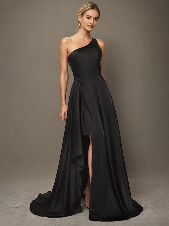 Elegant One Shoulder Sleeveless A Line Ruffles Maxi Prom Dress With Slit