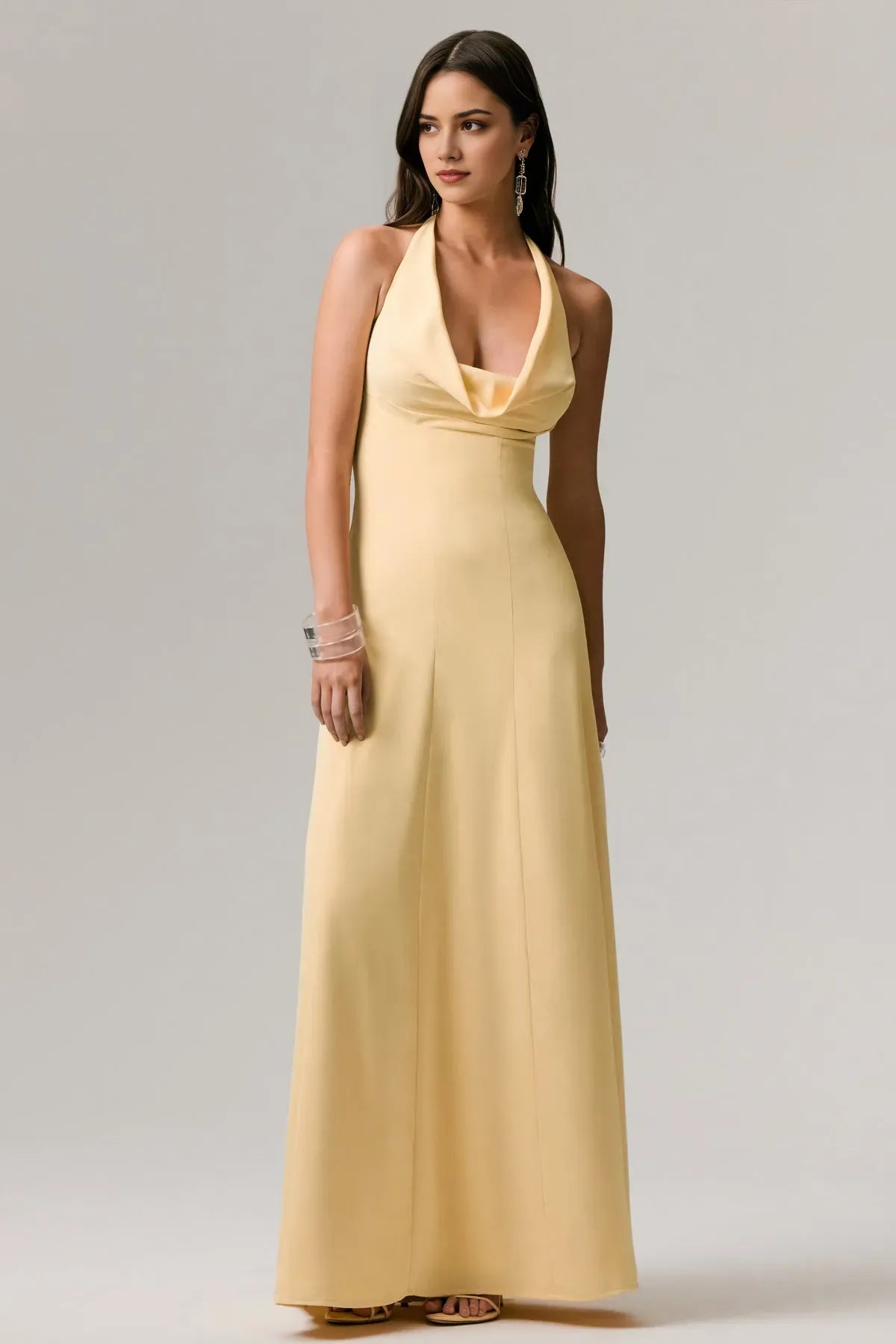Elegant Pale Yellow Halter - Neck Prom Dress with Cowl Neckline for Formal Galas
