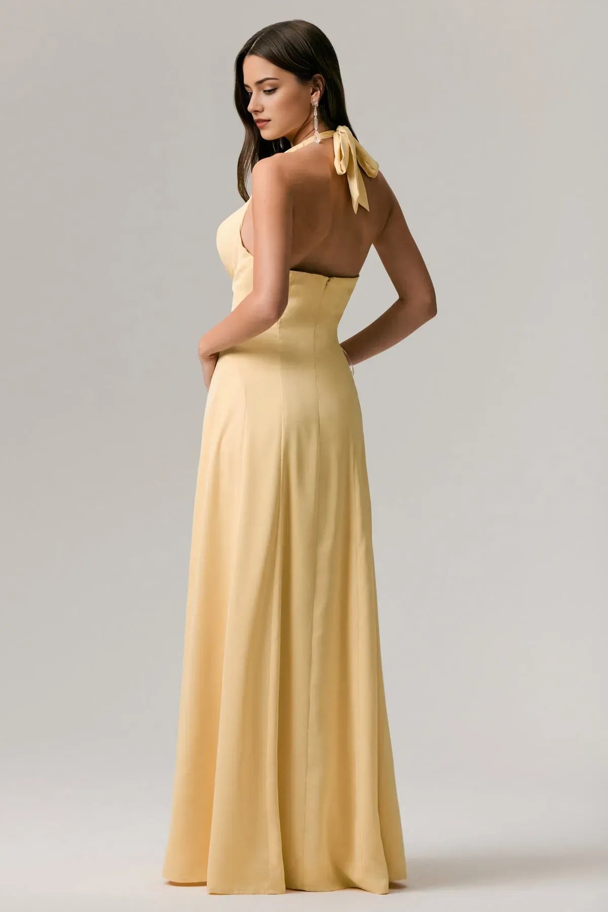 Elegant Pale Yellow Halter - Neck Prom Dress with Cowl Neckline for Formal Galas