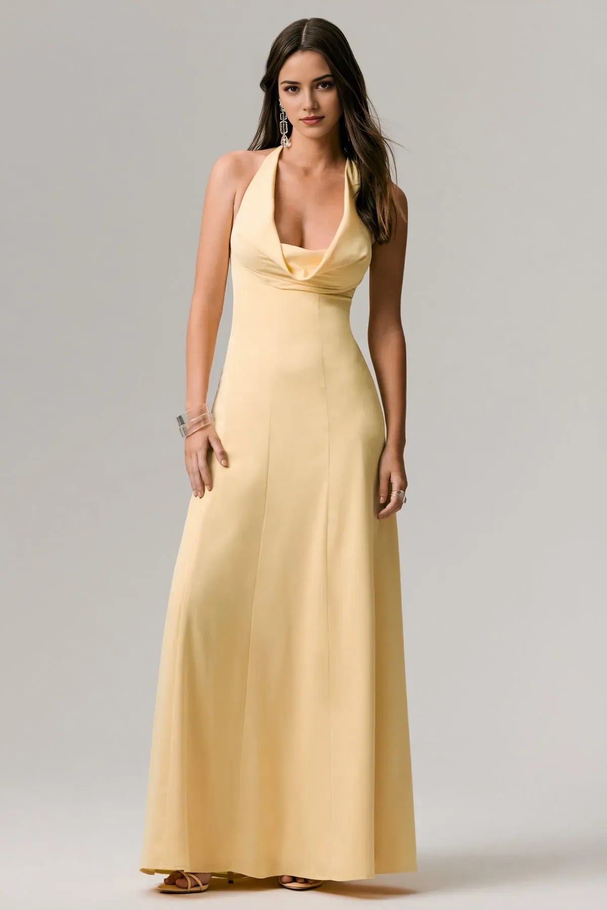 Elegant Pale Yellow Halter - Neck Prom Dress with Cowl Neckline for Formal Galas