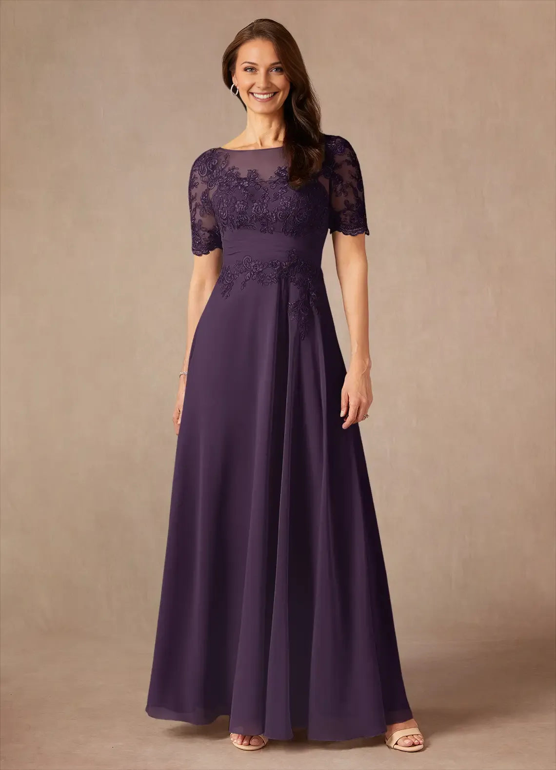 Elegant Plum A-Line Lace Chiffon Mother of the Bride Dress with Sheer Bodice Short Sleeves and Embroidered Waist Detailing hot sale
