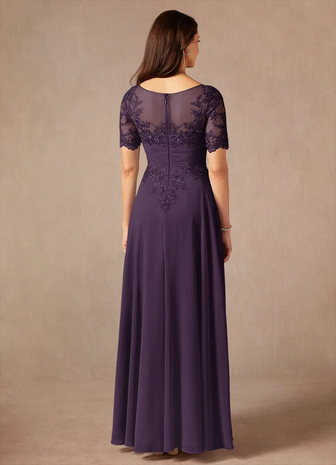 Elegant Plum A-Line Lace Chiffon Mother of the Bride Dress with Sheer Bodice Short Sleeves and Embroidered Waist Detailing hot sale