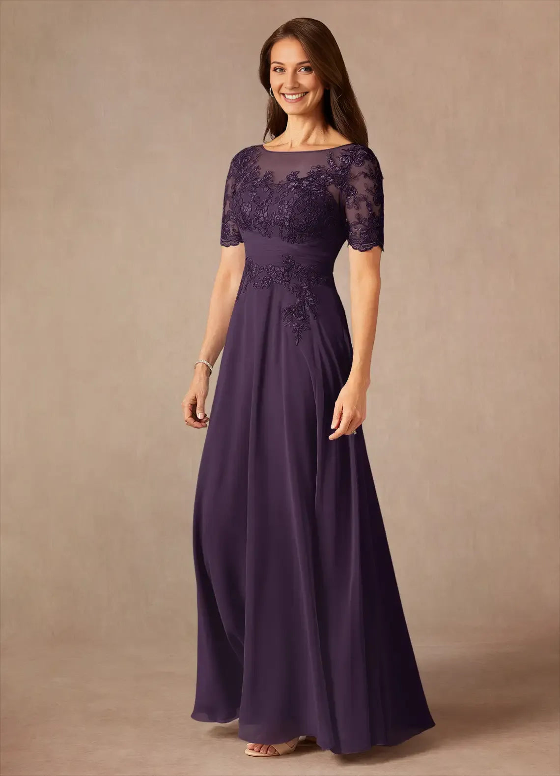 Elegant Plum A-Line Lace Chiffon Mother of the Bride Dress with Sheer Bodice Short Sleeves and Embroidered Waist Detailing hot sale