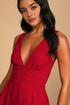 Elegant Red Chiffon Evening Gown with Plunging V - Neck Tiered Maxi Skirt  Sleeveless Silhouette Hot Sale Long