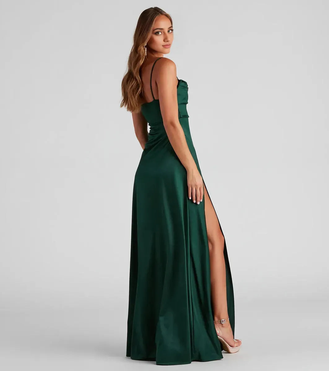 Elegant Sheath Cowl Neckline Spaghetti-Strap Sleeveless Back Zip Satin pleated High Side Slit Floor-Length Prom Dresses