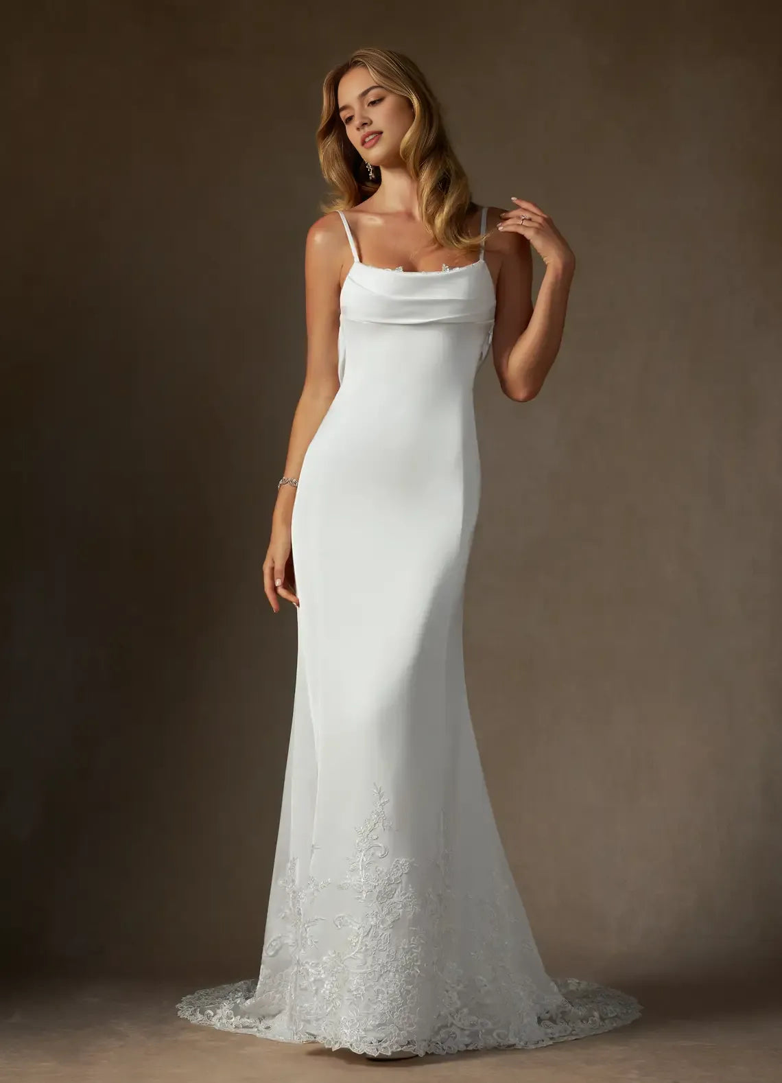 Elegant Spaghetti Strap Wedding Dress Cowl Neckline Sheer Lace Train Figure Hugging Silhouette Perfect for Timeless Bridal Looks
