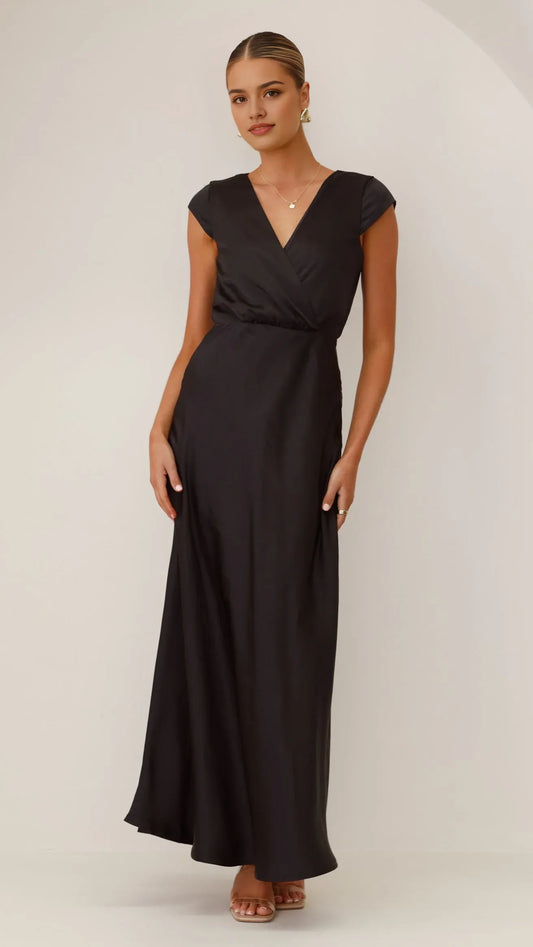 Elegant black Satin v neck short sleeve for sale Chiffon Prom Dresses for Women's Special Occasions