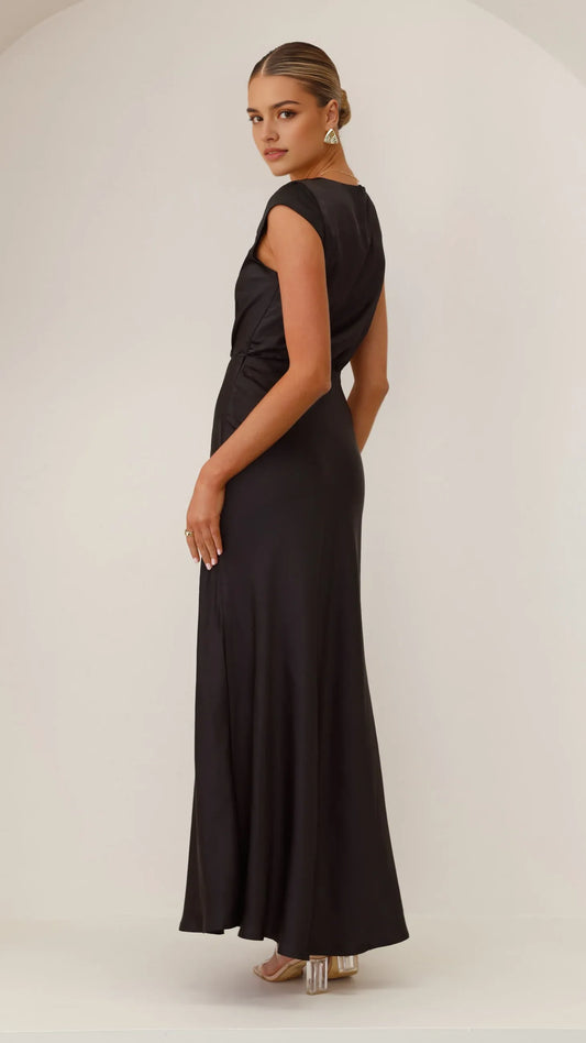 Elegant black Satin v neck short sleeve for sale Chiffon Prom Dresses for Women's Special Occasions