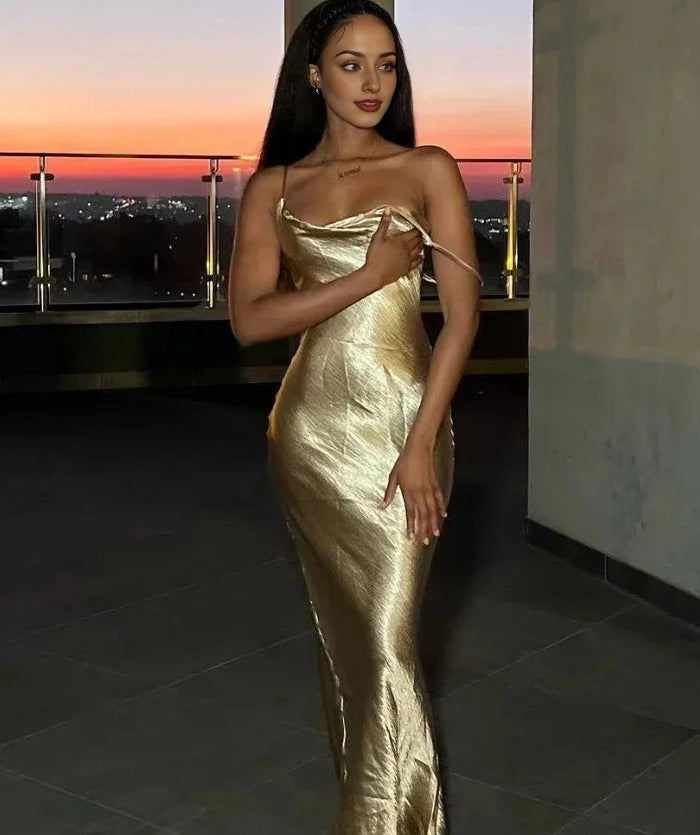 Elegant satin backless long dress for women with thin shoulder straps and sleeveless nightclub long ball gown