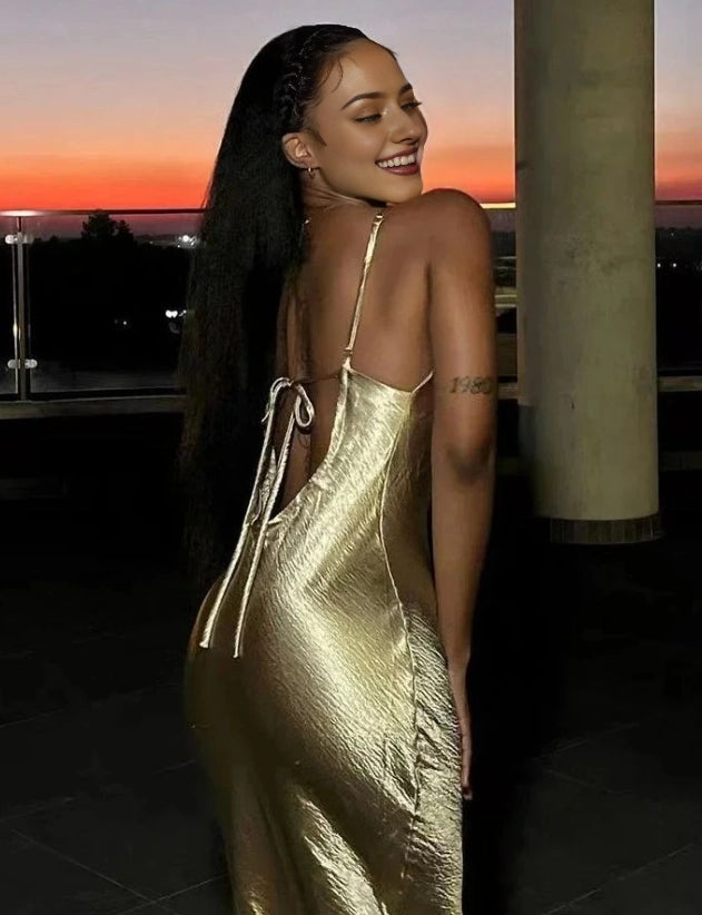 Elegant satin backless long dress for women with thin shoulder straps and sleeveless nightclub long ball gown