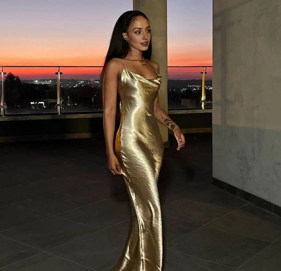 Elegant satin backless long dress for women with thin shoulder straps and sleeveless nightclub long ball gown