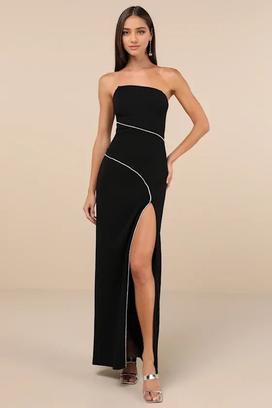 Elevated Sparkle Black Rhinestone Strapless Evening Dresses