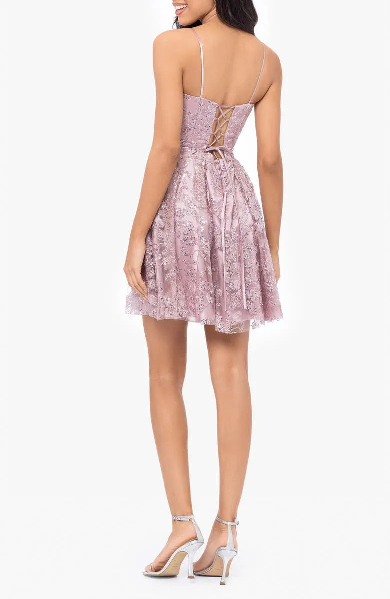 Lilac Sequin  Embroidered Tulle Homecoming Dress Spaghetti Straps Fit  and Flare Silhouette for School Celebrations