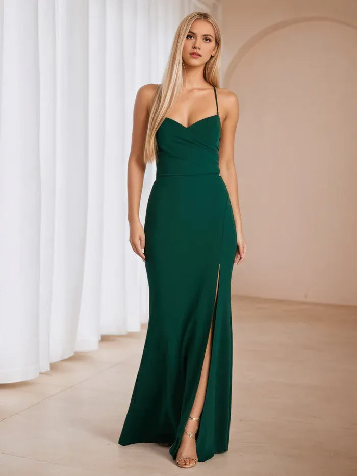 Emerald Green Crepe Prom Dress with Thin Straps and High Slit  Timeless Sophistication for Formal Galas