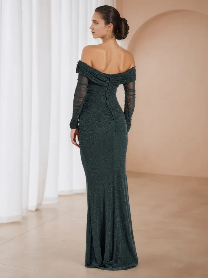 Emerald Green Evening Off - Shoulder Gown Sheer Mesh Sleeves Sparkle Fabric for Timeless Allure