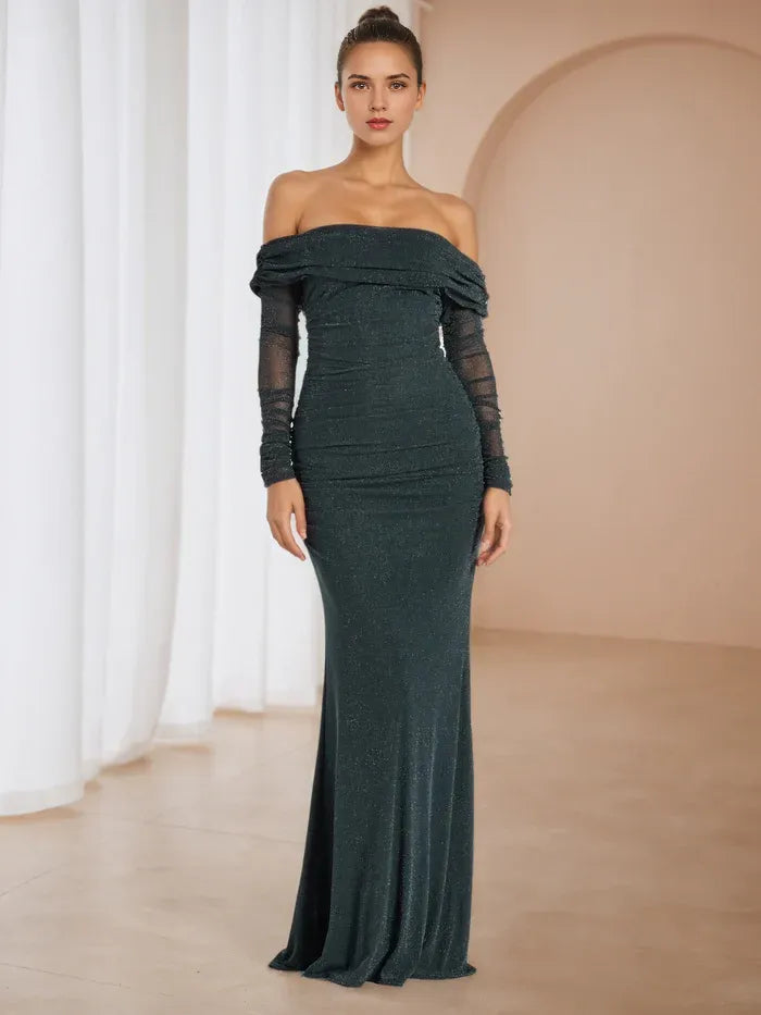 Emerald Green Evening Off - Shoulder Gown Sheer Mesh Sleeves Sparkle Fabric for Timeless Allure