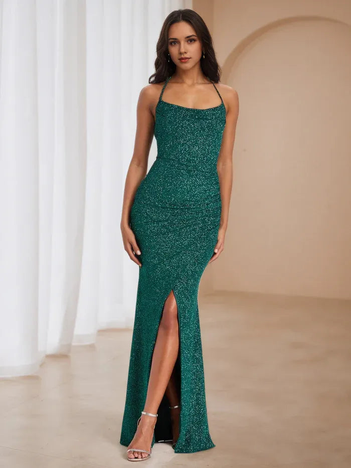 Emerald Green Glitter Mermaid Prom Dress Cowl Neckline Spaghetti Straps Side Slit for a Dazzling Gala Entrance