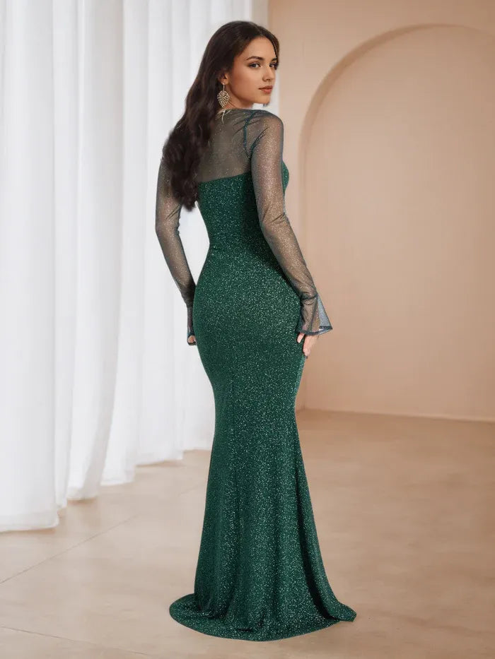 Emerald Green Glitter Prom Dress Sheer Mesh Sleeves Sweetheart Neckline Side Slit for a Captivating Gala Look
