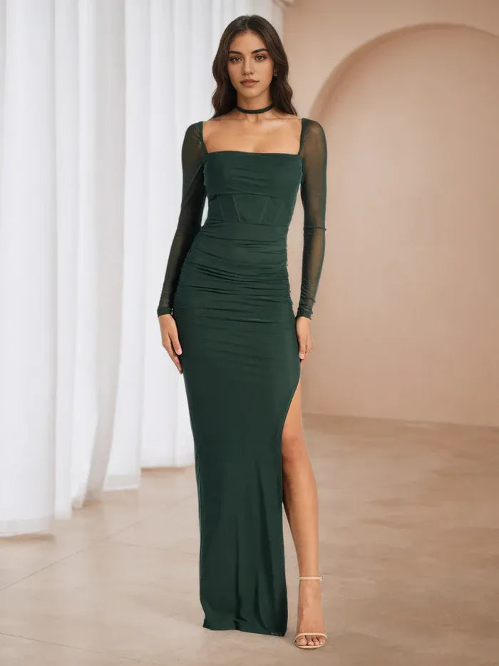 Emerald Green Mesh Sleeve Ruched Prom Dress with Square Neck Side Slit Formal Evening Gown for Dance Events