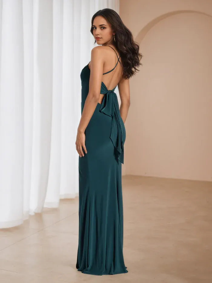 Emerald Green Ruched Prom Dress Cowl Neckline Spaghetti Straps Side Slit for Timeless Gala Elegance