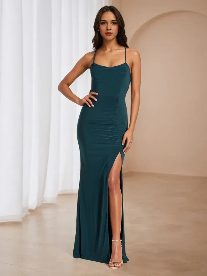 Emerald Green Ruched Prom Dress Cowl Neckline Spaghetti Straps Side Slit for Timeless Gala Elegance