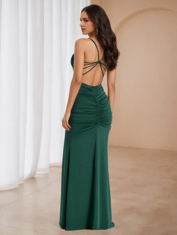 Emerald Green Ruched Prom Dress Square NecklineThin Straps  Side Slit for Timeless Gala Elegance