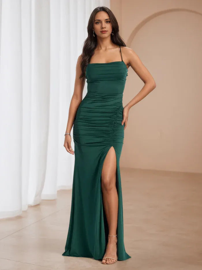 Emerald Green Ruched Prom Dress Square NecklineThin Straps  Side Slit for Timeless Gala Elegance