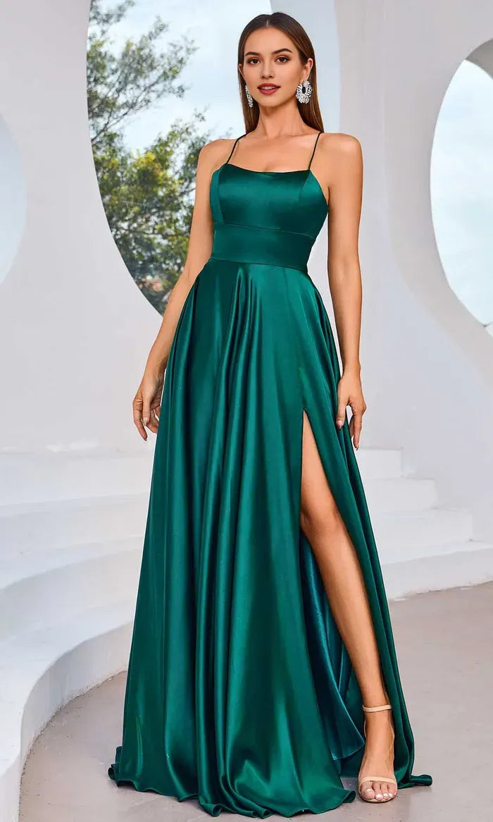 Emerald Green Satin Evening Dresses with Spaghetti Straps Square Neckline and High Side Slit Ideal for Formal Galas and Elegant Occasions