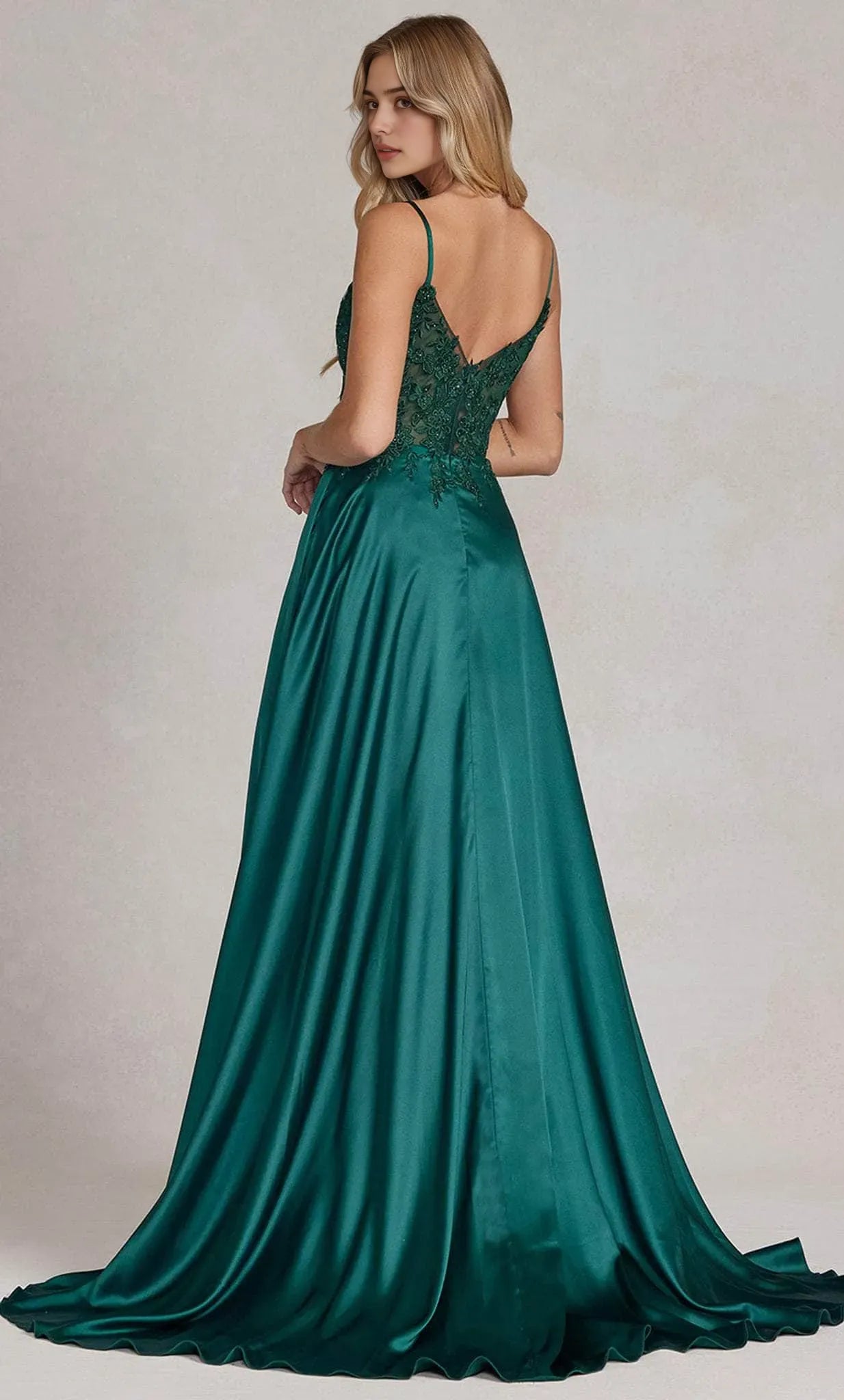 Emerald Green Satin Evening Gown with Spaghetti Straps Lace - Embroidered Bodice, and Dramatic High - Slit Skirt