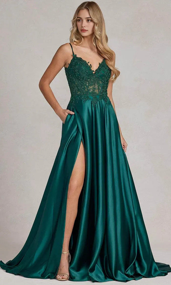 Emerald Green Satin Evening Gown with Spaghetti Straps Lace - Embroidered Bodice, and Dramatic High - Slit Skirt