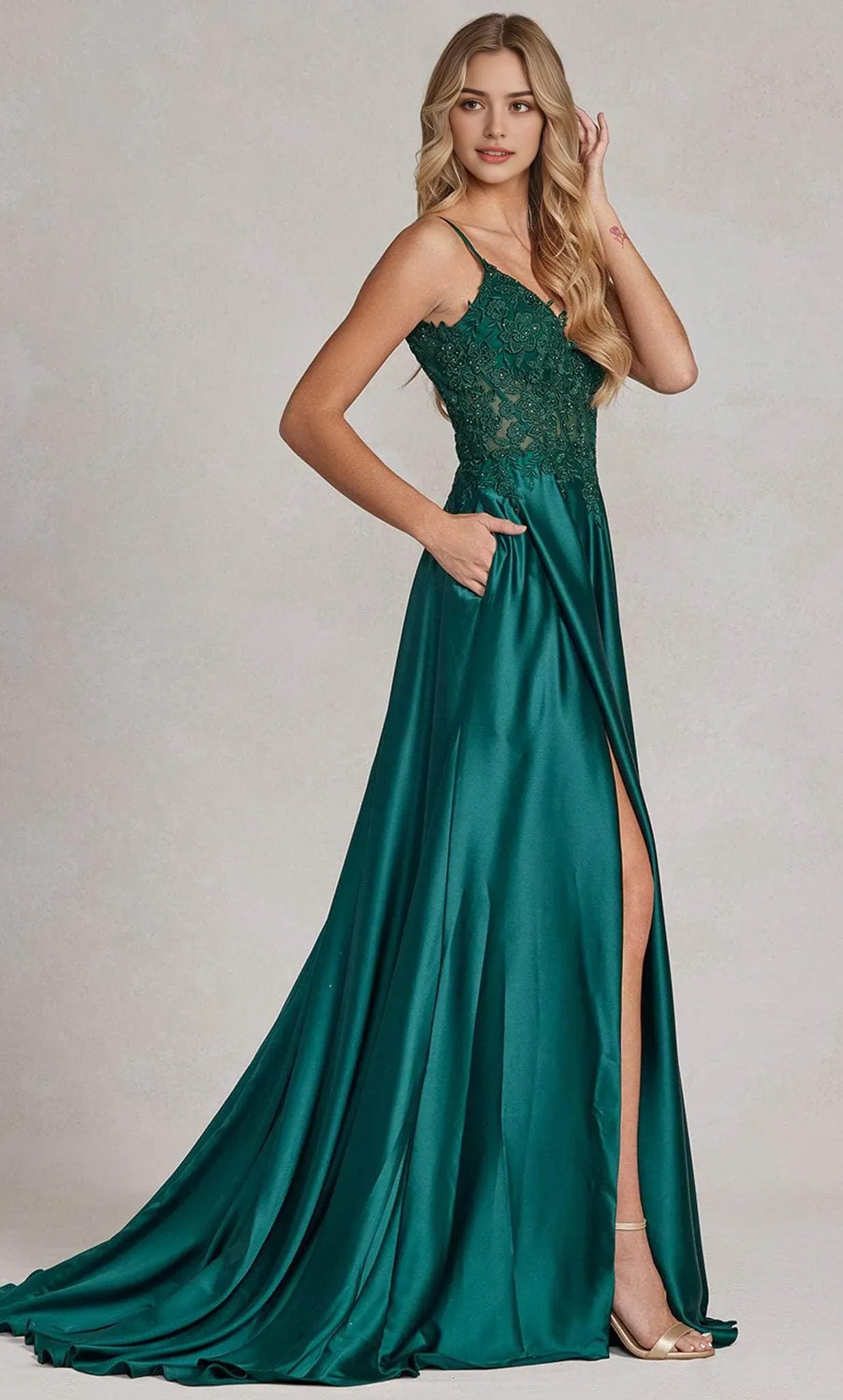 Emerald Green Satin Evening Gown with Spaghetti Straps Lace - Embroidered Bodice, and Dramatic High - Slit Skirt