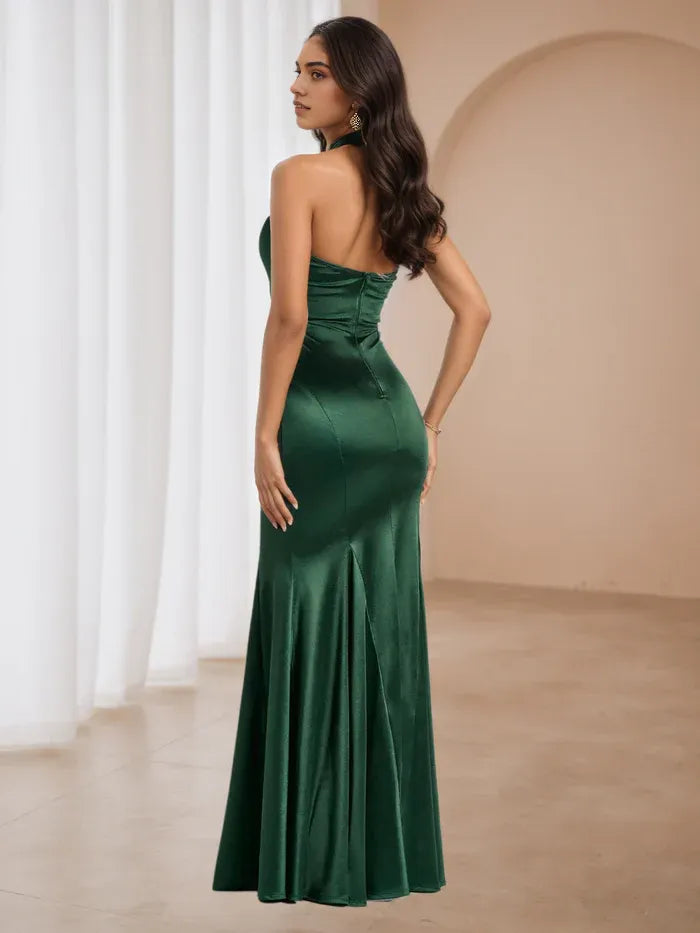 Emerald Green Satin Halter Neck Mermaid Prom Dress  Elegant Evening Gown