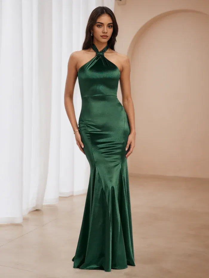 Emerald Green Satin Halter Neck Mermaid Prom Dress  Elegant Evening Gown