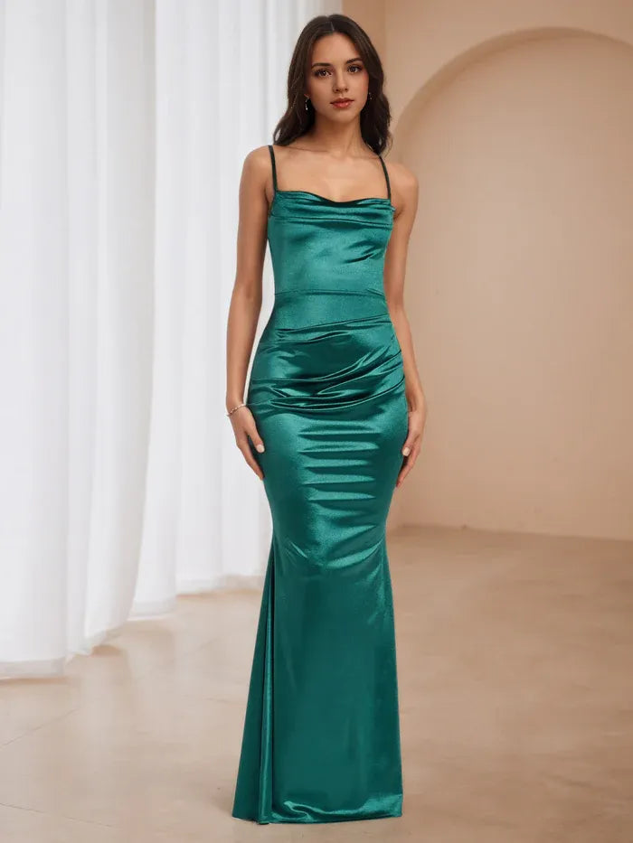 Emerald Green Satin Prom Dress Cowl Neckline Spaghetti Straps Mermaid Silhouette for Timeless Gala Elegance