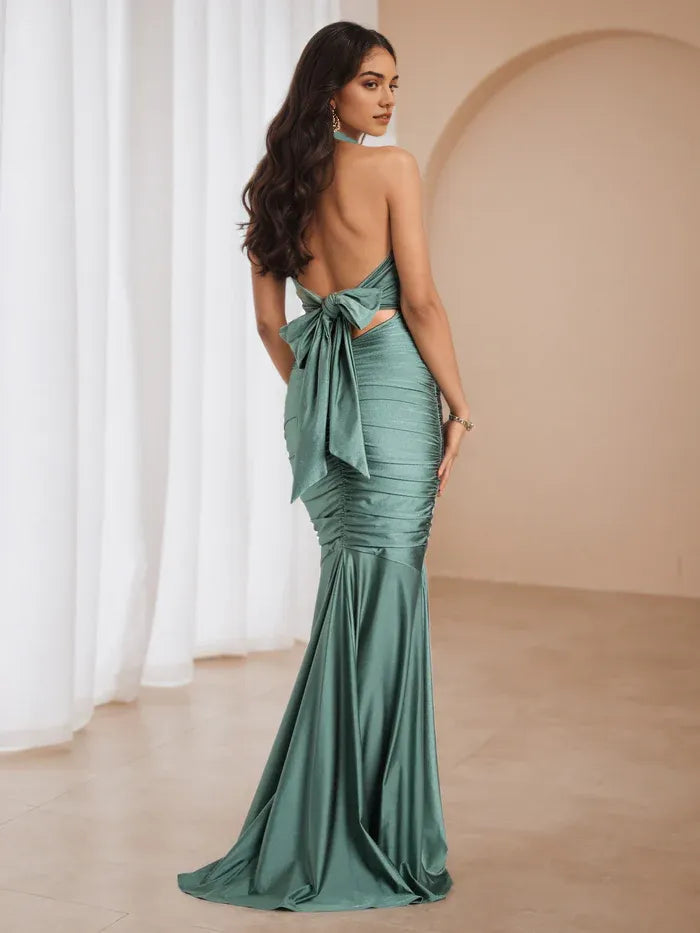 Emerald Green Satin Prom Dress Halter Neck Plunge V  Line Ruched Mermaid Fit for Enchanting Galas”