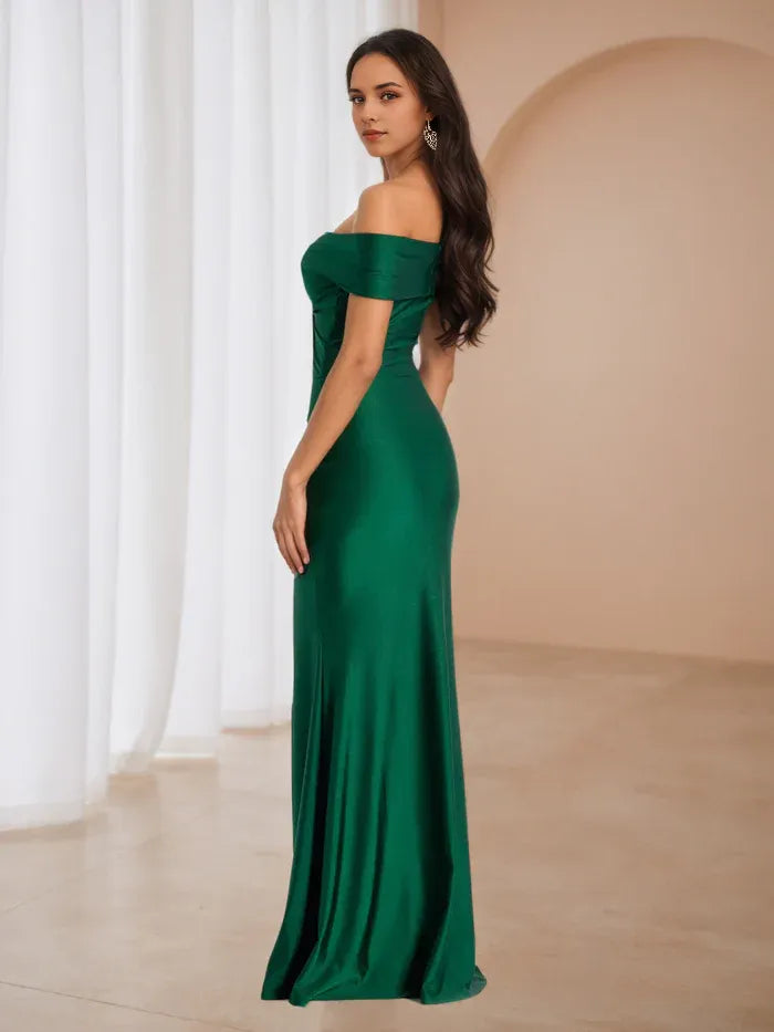 Emerald Green Satin Prom Dress Off - Shoulder Neckline Bow Detail  Side Slit for Timeless Gala Elegance