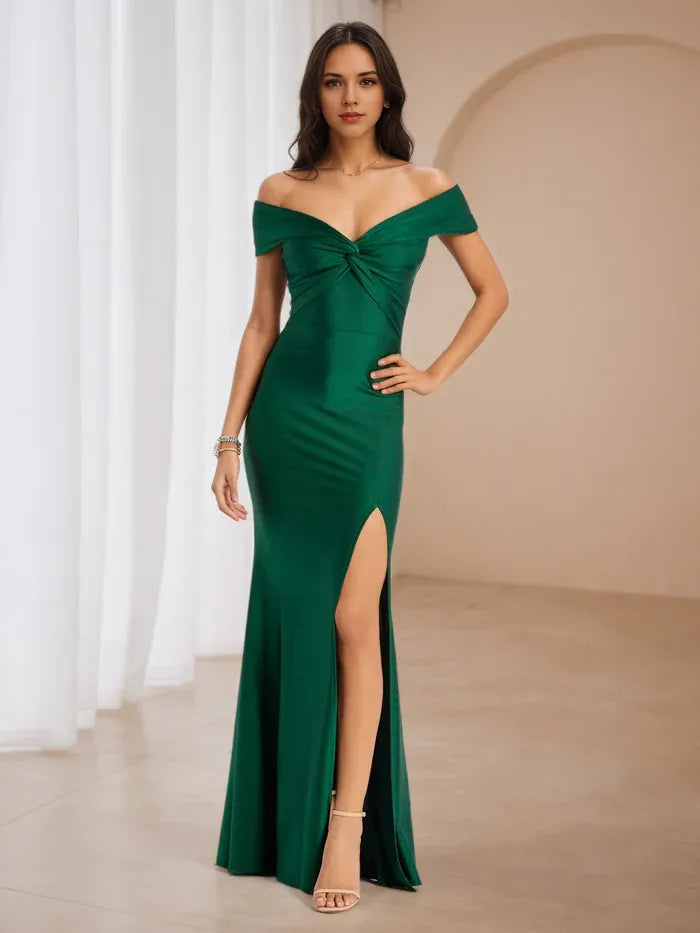 Emerald Green Satin Prom Dress Off - Shoulder Neckline Bow Detail  Side Slit for Timeless Gala Elegance