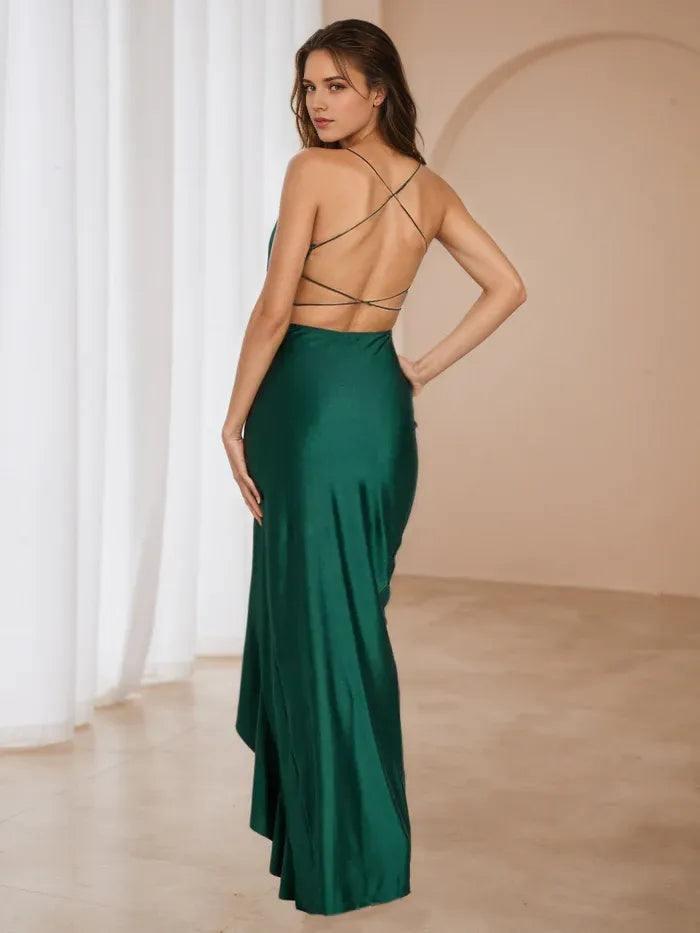 Emerald Green Satin Prom Dress Plunging V - Neck Spaghetti Straps Ruffled Side Slit for Timeless Gala Elegance