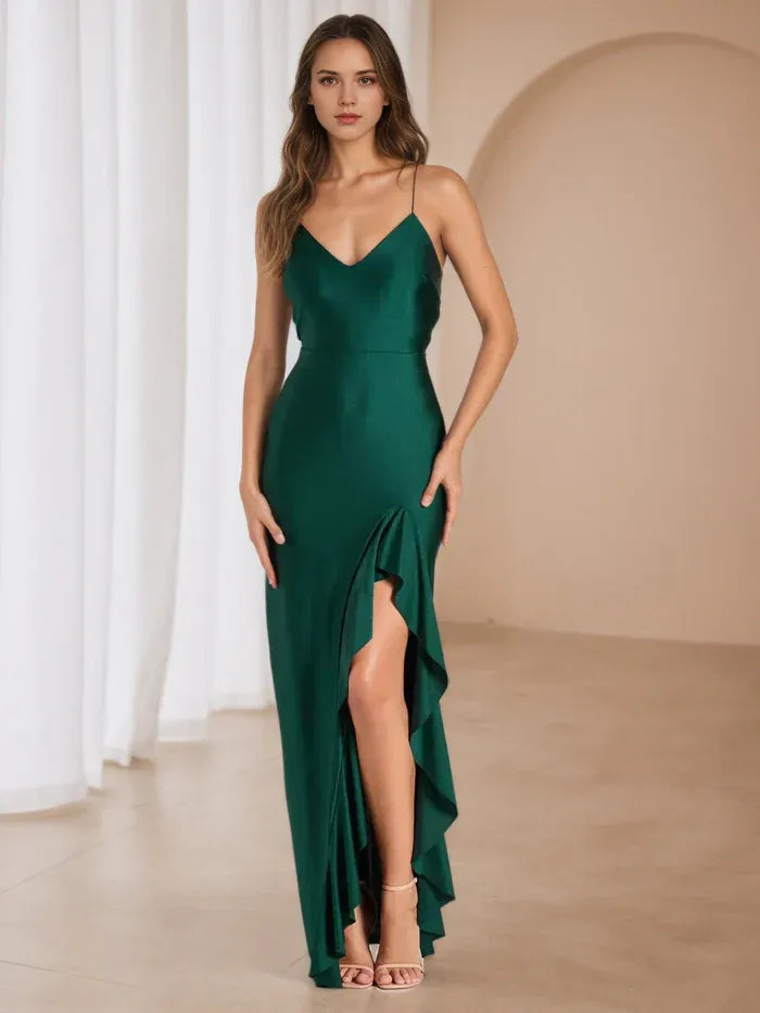 Emerald Green Satin Prom Dress Plunging V - Neck Spaghetti Straps Ruffled Side Slit for Timeless Gala Elegance