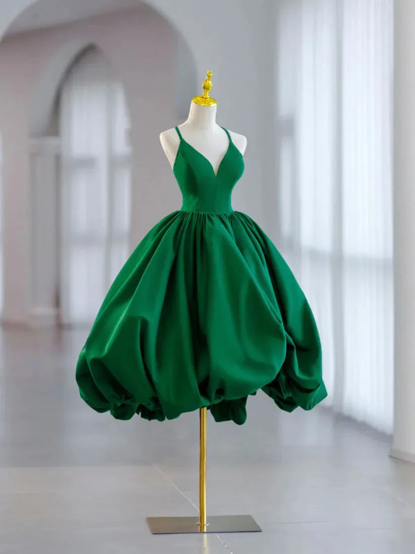 Emerald Green Spaghetti  Strap Homecoming Dress with V Neckline and Balloon Skirt  Regal  Dramatic for School Dances