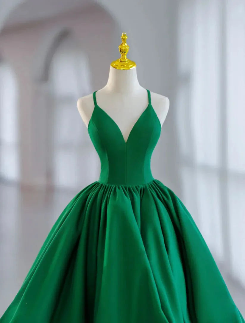 Emerald Green Spaghetti  Strap Homecoming Dress with V Neckline and Balloon Skirt  Regal  Dramatic for School Dances