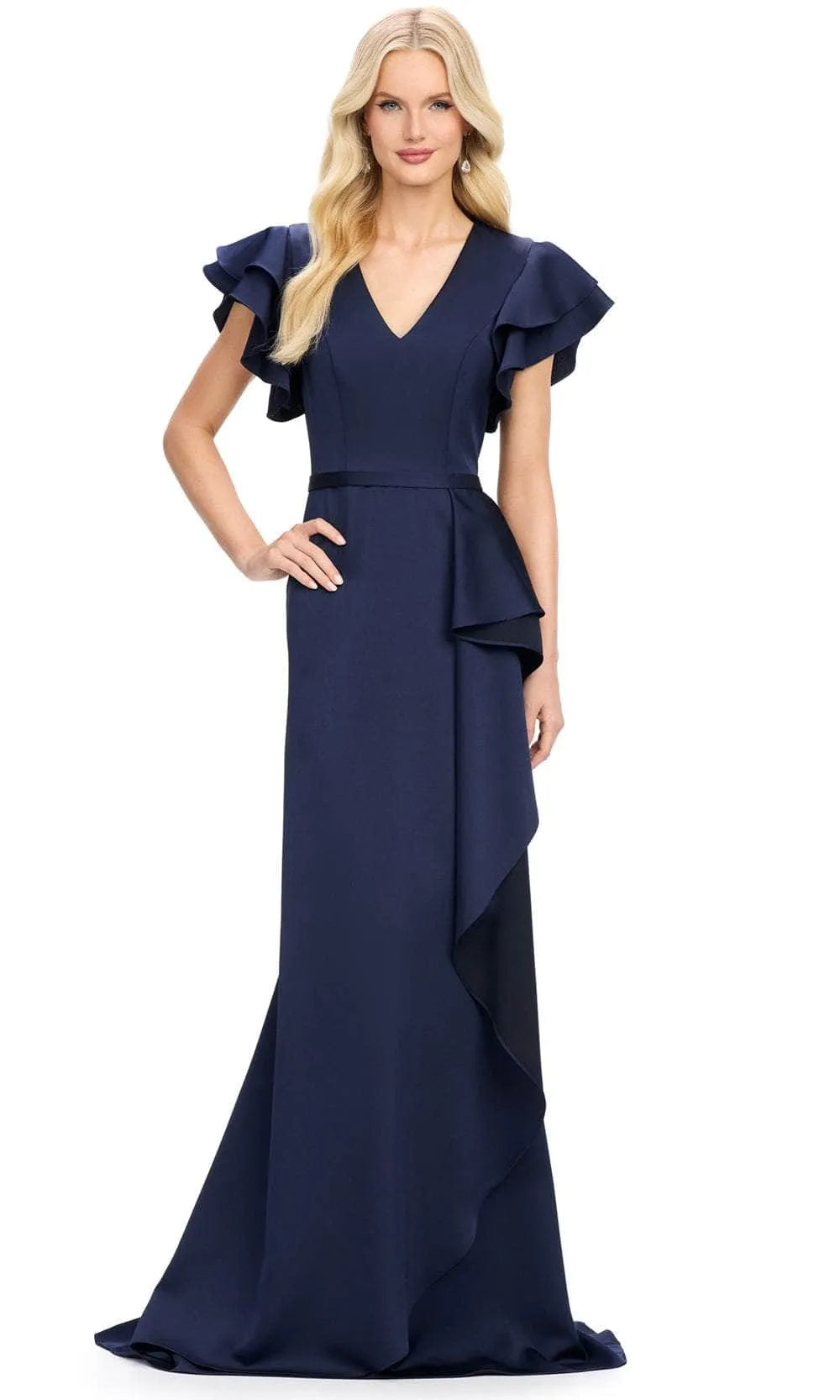 Emerald Green V - Neck Evening Dresses with Ruffled Flutter Sleeves and Asymmetric Ruffle Skirt for Formal Occasions