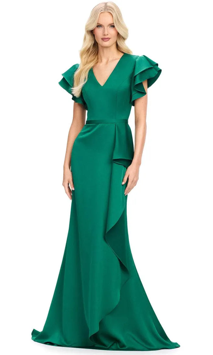 Emerald Green V - Neck Evening Dresses with Ruffled Flutter Sleeves and Asymmetric Ruffle Skirt for Formal Occasions
