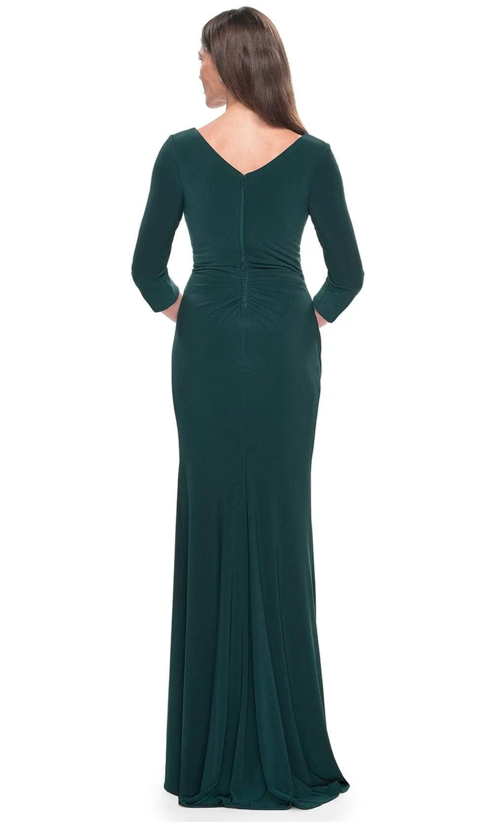 Emerald Green Wrap - Style Evening Dress with 3/4 Sleeves and V - Neckline Long Satin for Elegant Occasions